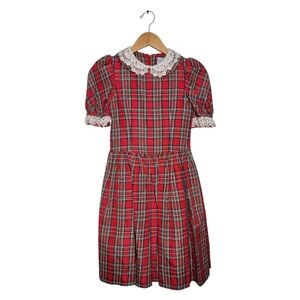 Vintage Luli & Me Red Tarten Plaid Puffed Sleeve Lace Dress Size 8 Kids